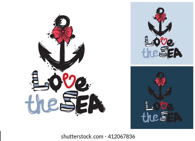 Beautiful vector summer ocean love sea anchor. Hand drawn graphic love sea anchor. Artistic cartoon sea baby element in retro style. Isolated element on white, blue, navy background