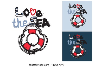 Beautiful vector summer ocean love sea lifebuoy. Hand drawn graphic love sea lifebuoy. Artistic cartoon sea baby element in retro style. Isolated element on white, blue, navy background