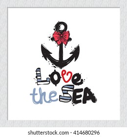 Beautiful vector summer ocean love sea anchor. Hand drawn graphic love sea anchor. Artistic cartoon sea baby art element in retro style. Isolated element on white background.