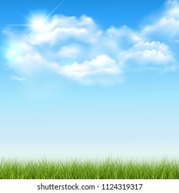 Beautiful vector sunny lawn or meadow with fluffy clouds and sun in the sky - with spae for your text or design