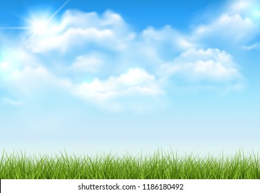 Beautiful vector sunny lawn or meadow with fluffy clouds and sun in the sky