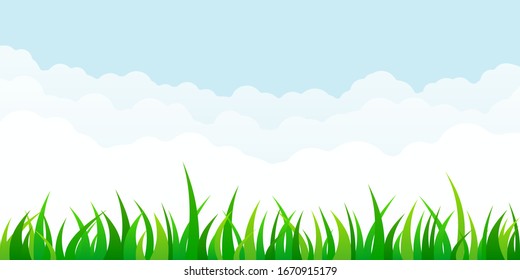 Beautiful vector sunny lawn or meadow with fluffy clouds and sun in the sky