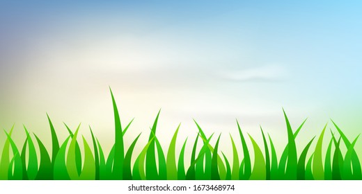 Beautiful vector sunny lawn or meadow with fluffy clouds and sun in the sky. Realistic vector background