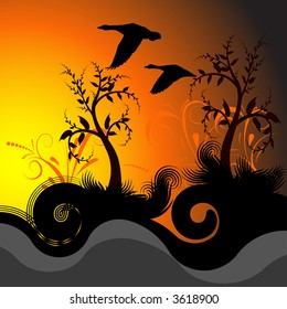 beautiful vector sunset illustration with geese flying in the sky