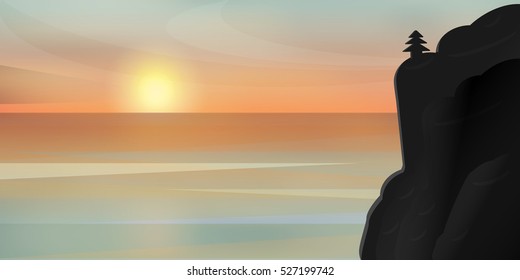 Beautiful vector sunset on the sea and a temple on the rock.