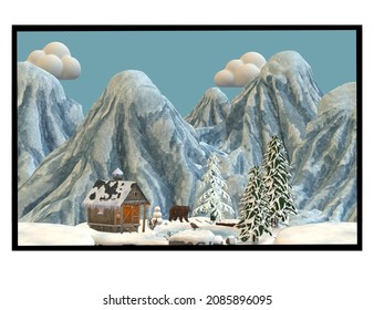 Beautiful vector of sunshine, christmas mountain chalet, snowman, small lake, trees, bear and more.