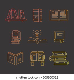 Beautiful vector symbols of education and learning process. Collection of books made in thin line vector style. Book with lightbulb - idea concept - book stack, book in hands.