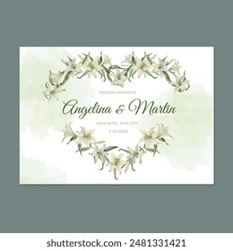 Beautiful vector template in the form of a heart with white lily flowers and green leaves. The frame is ideal for wedding invitations, cards, prints and party decor.