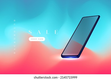Beautiful vector template with smartphone on the blurred bright pink and blue colors background