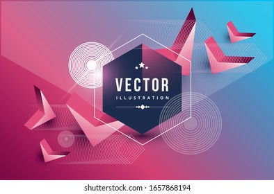 Beautiful vector template with volumetric geometric shapes, circles and mesh