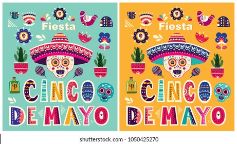 Beautiful vector templates for Mexican holiday 5 may Cinco De Mayo. Vector template with traditional Mexican symbols skull, flowers, red pepper