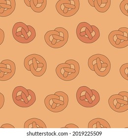 Beautiful vector texture made of ruddy pastries. German pretzels repeat on orange background. Great for bakery shop, bars, restaurants, bavarian design, packaging and cozy kitchen textile.