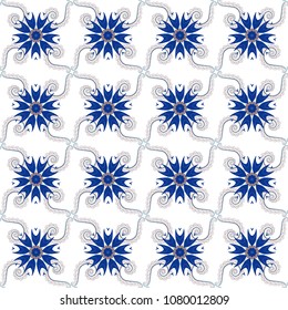 Beautiful vector texture. Seamless pattern with elegance abstract blooming flowers. Spring and summer vintage floral background in white, blue and brown colors.