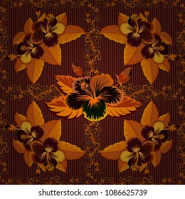 Beautiful vector texture. Seamless pattern with cute hibiscus flowers in orange, yellow and brown colors. Spring vintage floral background.