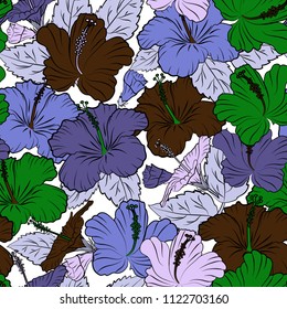 Beautiful vector texture. Seamless pattern with cute hibiscus flowers in brown and violet colors. Spring vintage floral background.