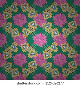 Beautiful vector texture. Seamless pattern with elegance abstract blooming flowers. Spring and summer vintage floral background in orange, green and pink colors.