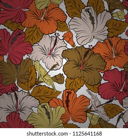 Beautiful vector texture. Seamless pattern with cute hibiscus flowers in pink and orange colors. Spring vintage floral background.