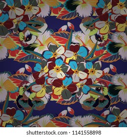 Beautiful vector texture. Seamless pattern with cute flowers in blue, yellow and violet colors. Spring vintage floral background.