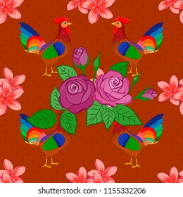 Beautiful vector texture. Seamless pattern with cute rose flowers and green leaves in orange, pink and green colors. Spring vintage floral background.