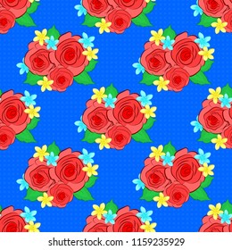 Beautiful vector texture. Seamless pattern with cute rose flowers and green leaves in blue, orange and pink colors. Spring vintage floral background.