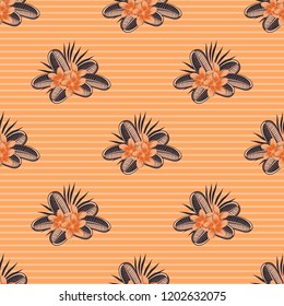 Beautiful vector texture. Seamless pattern with cute plumeria flowers in yellow, beige and gray colors. Spring vintage floral background.