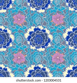 Beautiful vector texture. Seamless pattern with elegance abstract blooming flowers. Spring and summer vintage floral background in white, blue and gray colors.