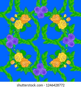 Beautiful vector texture. Seamless pattern with cute rose flowers and green leaves in green, yellow and blue colors. Spring vintage floral background.