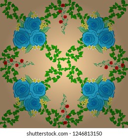 Beautiful vector texture. Seamless pattern with cute rose flowers and green leaves in blue, green and beige colors. Spring vintage floral background.