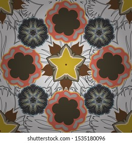 Beautiful vector texture. Seamless pattern with cute flowers in orange, green and white colors. Spring vintage floral background.