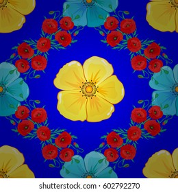 Beautiful vector texture. Seamless pattern with cute cosmos flowers on a blue background. Spring vintage floral background.