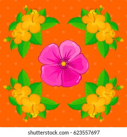 Beautiful vector texture. Seamless pattern with cute hibiscus flowers on a orange background. Spring vintage floral background.