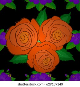 Beautiful vector texture. Seamless pattern with cute rose flowers and green leaves on a black background. Spring vintage floral background.