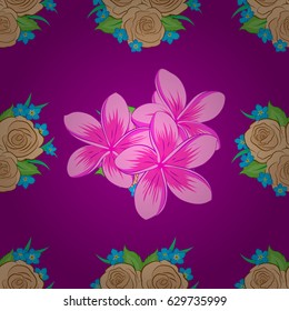 Beautiful vector texture. Seamless pattern with cute plumeria flowers on a purple background. Spring vintage floral background.
