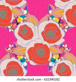 Beautiful vector texture. Seamless pattern with cute flowers in pink, blue and orange colors. Spring vintage floral background.