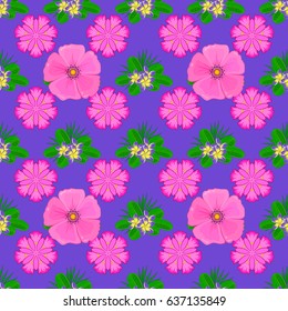 Beautiful vector texture. Seamless pattern with cute cosmos flowers on a violet background. Spring vintage floral background.