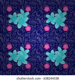 Beautiful vector texture. Seamless pattern with cute plumeria flowers on a blue background. Spring vintage floral background.