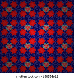 Beautiful vector texture. Seamless pattern with cute rose flowers and green leaves on a blue background. Spring vintage floral background.