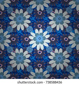 Beautiful vector texture. Seamless pattern with elegance abstract blooming flowers. Spring and summer vintage floral background in blue, gray and neutral colors.