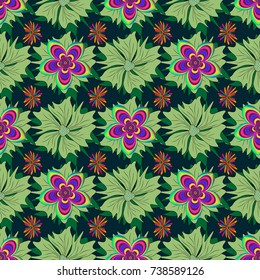 Beautiful vector texture. Seamless pattern with elegance abstract blooming flowers. Spring and summer vintage floral background in neutral, blue and green colors.