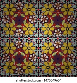 Beautiful vector texture. Spring vintage floral background. Seamless pattern with cute flowers in yellow, blue and brown colors.