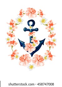 Beautiful vector tropical illustration background with anchor and hibiscus. Boho style. Perfect for wallpapers, web page backgrounds, surface textures, textile.