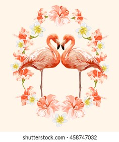 Beautiful vector tropical illustration background with flamingo and hibiscus. Abstract texture, boho style. Perfect for wallpapers, web page backgrounds, surface textures, textile.