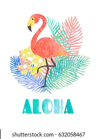 Beautiful vector tropical jungle floral illustration with pink flamingo, palm leaves and word "aloha".Hawaiian illustrations, floral elements isolated on white background.