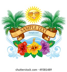 Beautiful vector tropical label width hibiscus