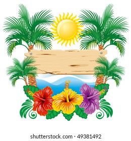 Beautiful vector tropical label width hibiscus