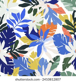 Beautiful vector tropical seamless pattern with hand drawn digital palm tree leaves and jungle flowers. Stock floral design for textile, gift wrapping and wallpapers.