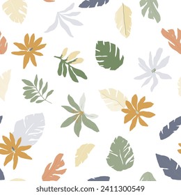 Hermoso patrón vectorial tropical sin fisuras con hojas de palmera digitales dibujadas a mano y flores de jungla. Diseño floral de material textil, envoltura de regalo y papel tapiz.