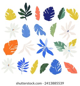 Hermoso conjunto tropical vector con hojas de palmera aisladas digitales dibujadas a mano y flores de jungla. Grabación de imágenes prediseñadas florales.