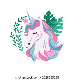 Beautiful vector unicorn illustration. White unicorn with pink and blue hair. Unicorn with leaves and flowers. 