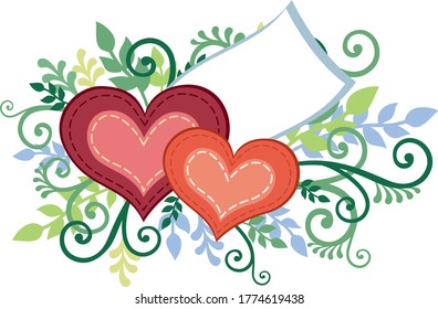 hermoso vector tarjeta de San Valentín con dos corazones dibujados a mano con una nota y un marco floral ornamental de hojas, ramas y rizos sobre un fondo blanco